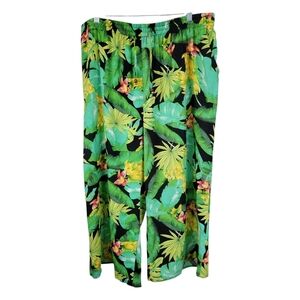NWOT Nicole Miller Tropical Pants 3X Linen Rayon Wide Leg Elastic Waist Pockets